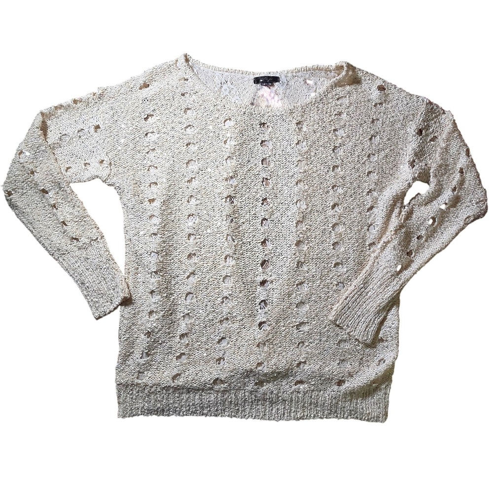 LA JE cream silver sequin open knit lace back long sleeve festive sweater S M